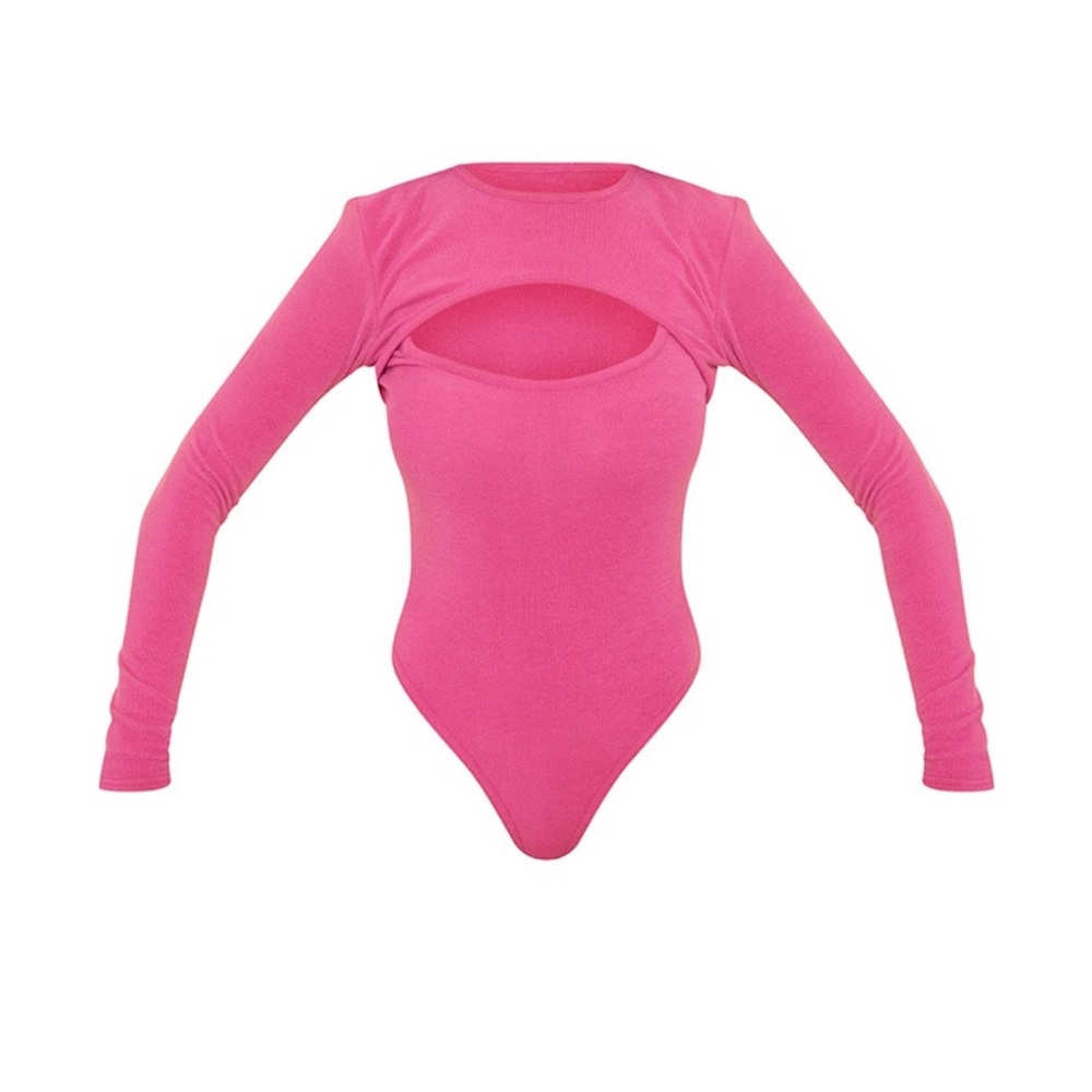 Pretty Little Things Hot Pink Rib Arm Warmer Cut Out Detail‎ Bodysuit, sz 4